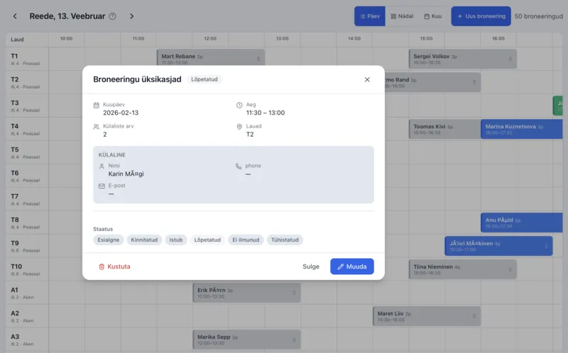 TableBook kalender broneeringu detailidega — külalise info ja staatuse muutmine