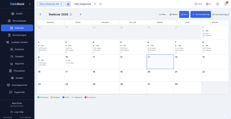 TableBook kuukalender — kogu kuu ülevaade värvikoodidega
