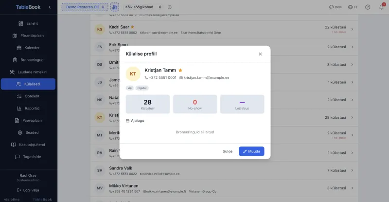 TableBook külalise profiil — külastuste arv, no-show statistika ja lojaalsuse tase