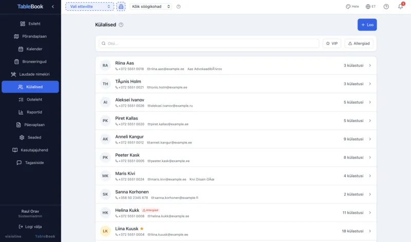 TableBook külaliste register — VIP-staatused, allergiad, lemmiklauad ja külastuste ajalugu