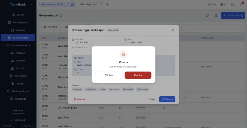 TableBook broneeringu üksikasjad — staatuse muutmine, külalise info ja kinnitamine