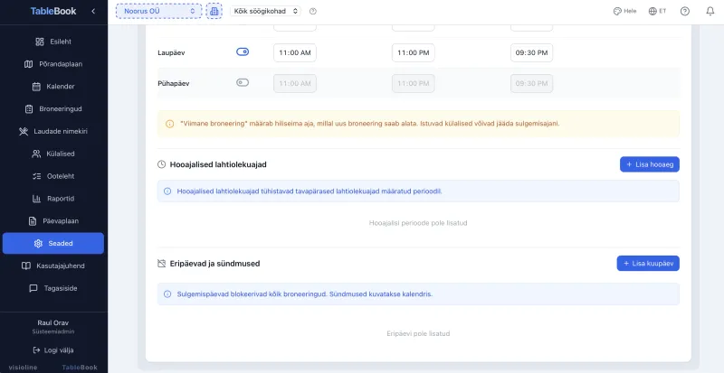 TableBook hooajalised lahtiolekuajad ja eripäevad