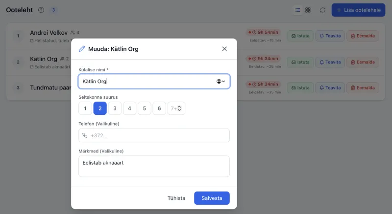 TableBook ootenimekiri — külaliste järjekord, ooteaeg ja kiirtegevused